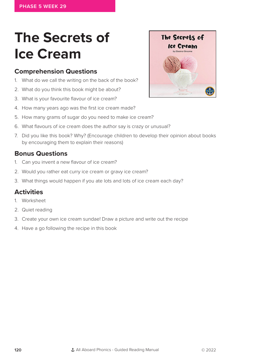 Week 29, Guided Reading "The Secrets of Ice Cream" - Phonics Phase 5 - Worksheet