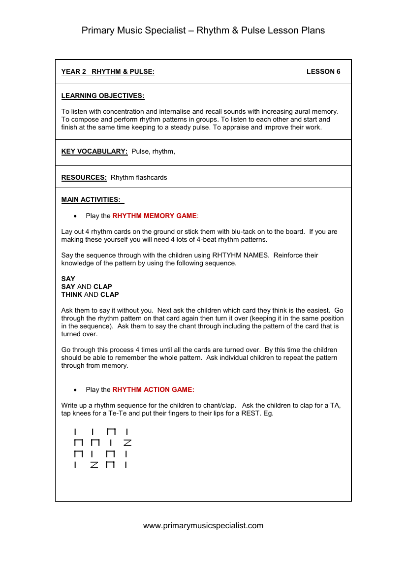 Rhythm and Pulse Lesson Plan - Year 2 Lesson 6