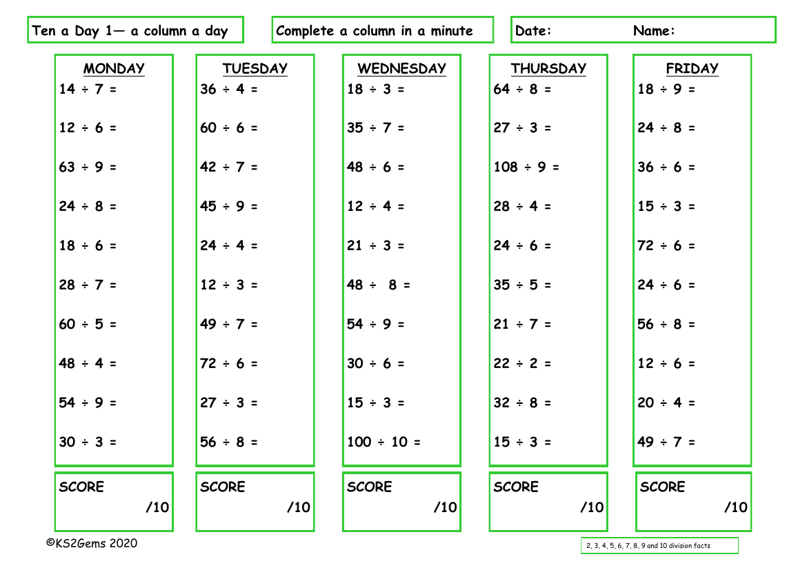 Ten a Day 2, 3, 4, 5, 6, 7, 8, 9 and 10  Division Facts