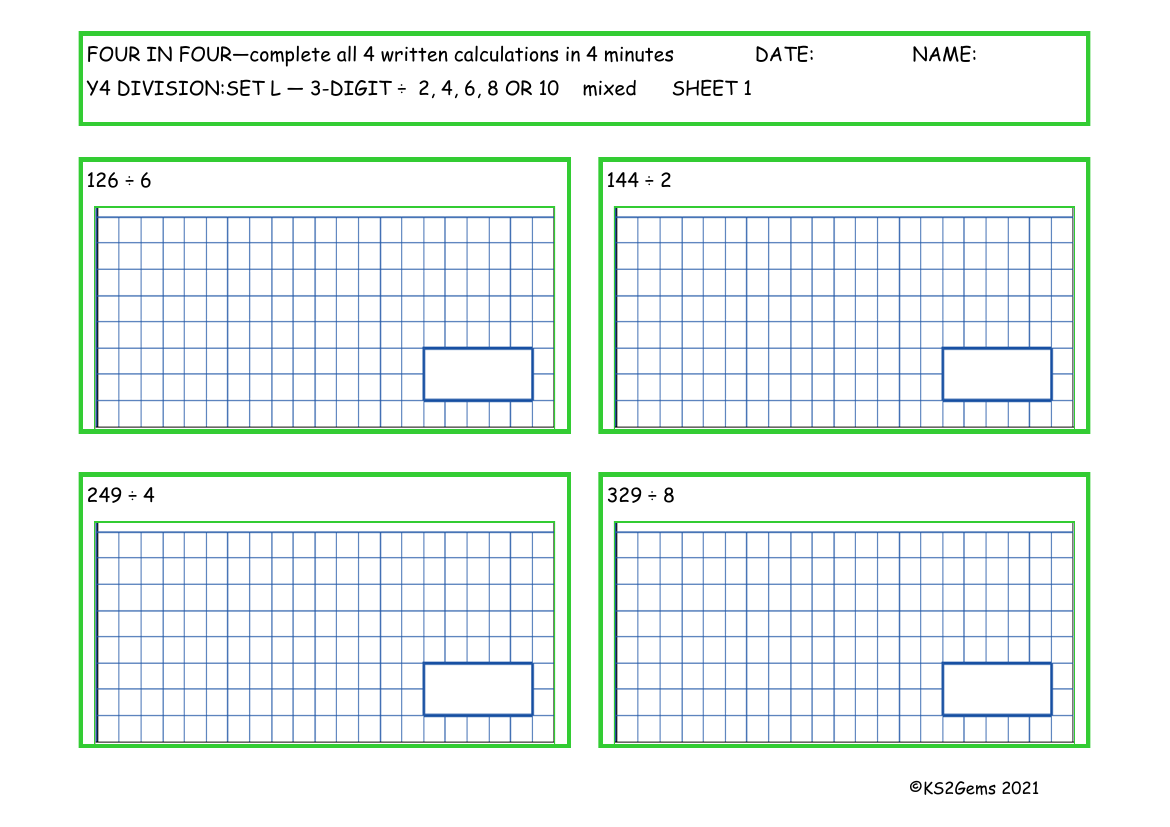 Four in Four -  Division Set L 3 digit number - 2, 4 6, 8 or 10 mixed