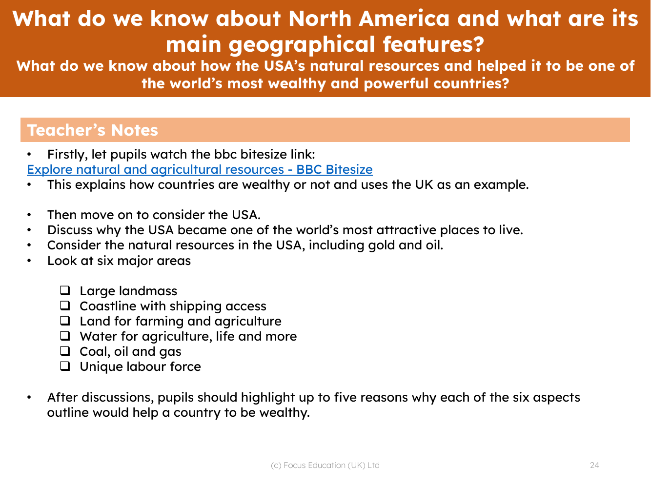 What do we know about how the USA's natural resources helped it to be one of the world's most wealthy and powerful countries?  - Teacher notes