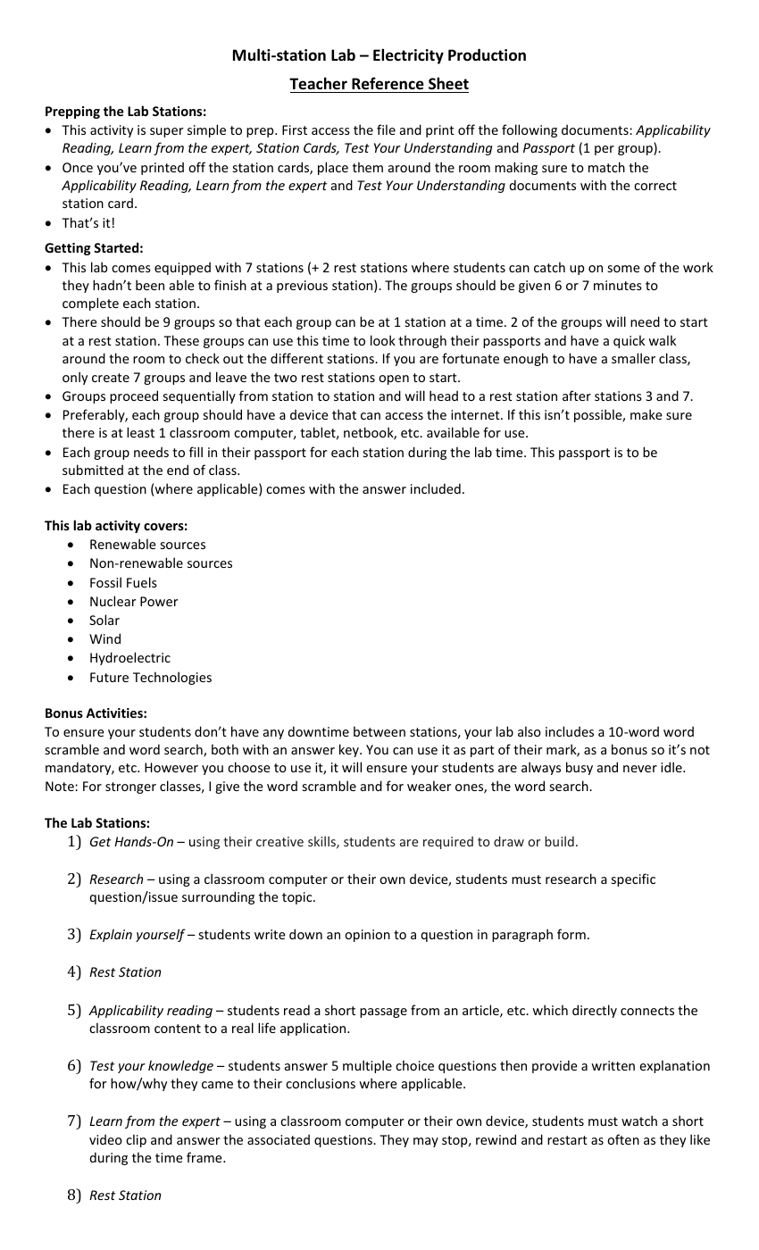 Electricity Production - Activity Instructions