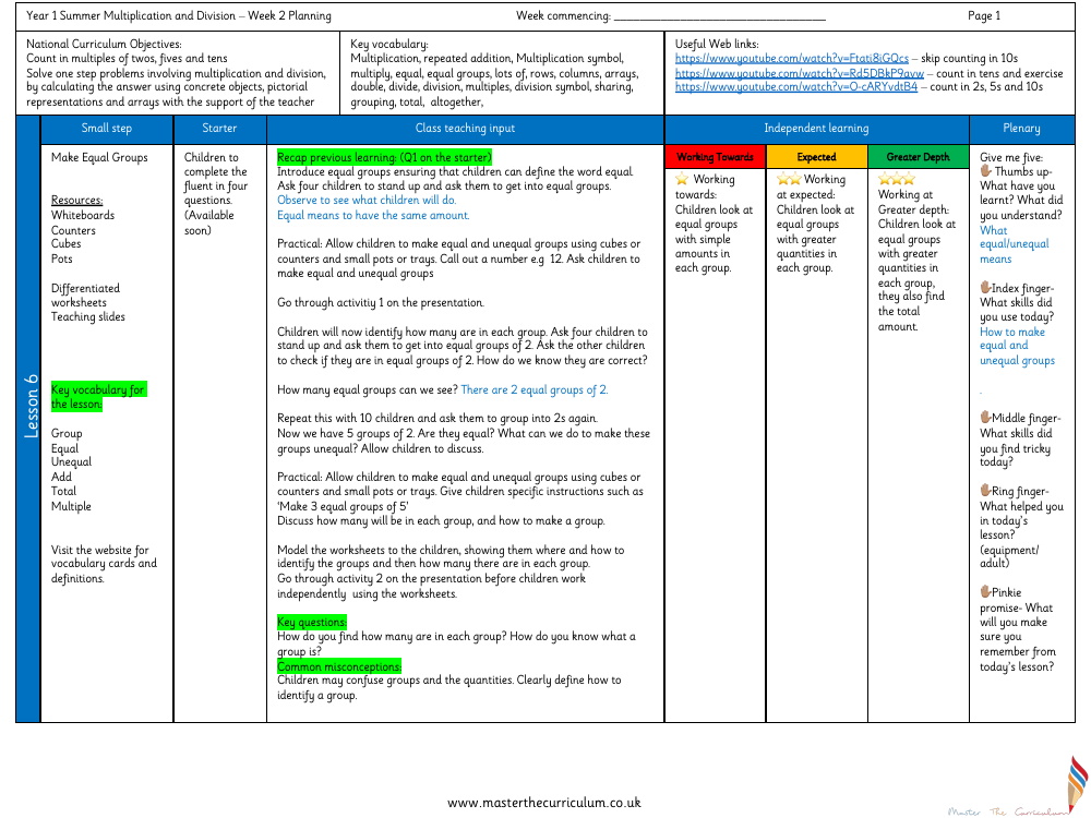 Multiplication and division - Make equal groups 2 - Planning