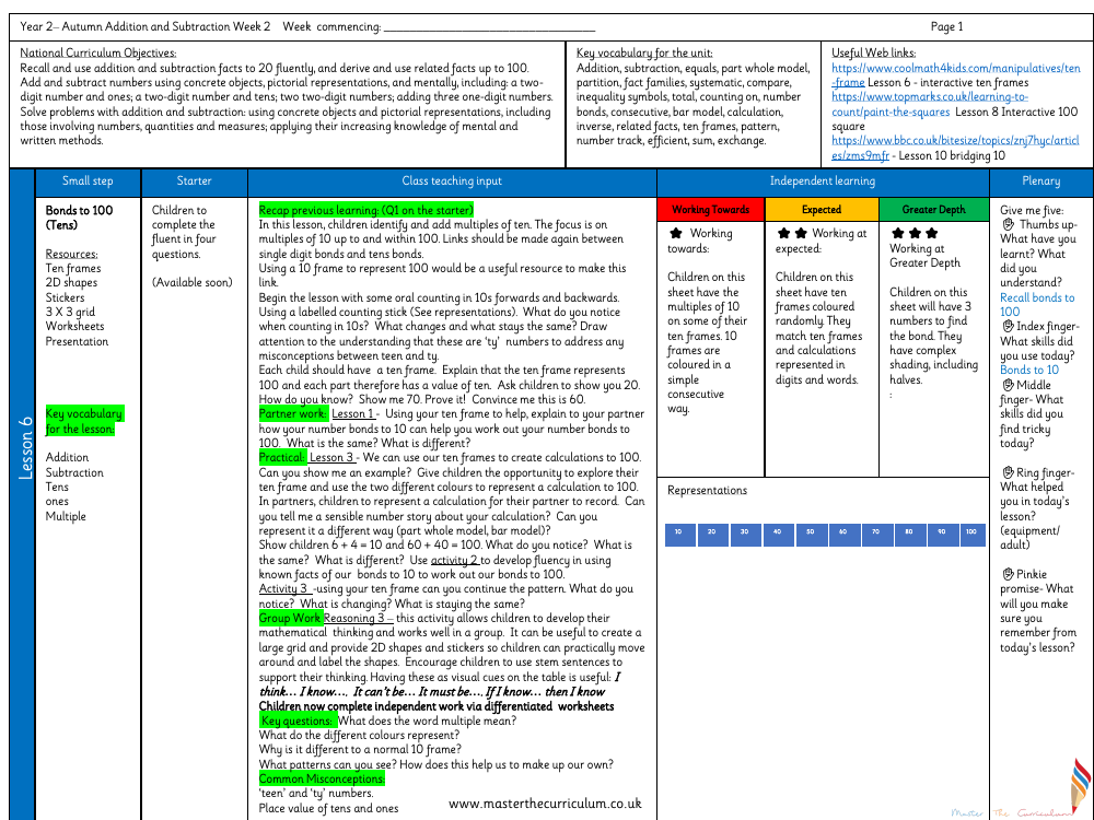 Addition and subtraction - Find and make number bonds - Planning
