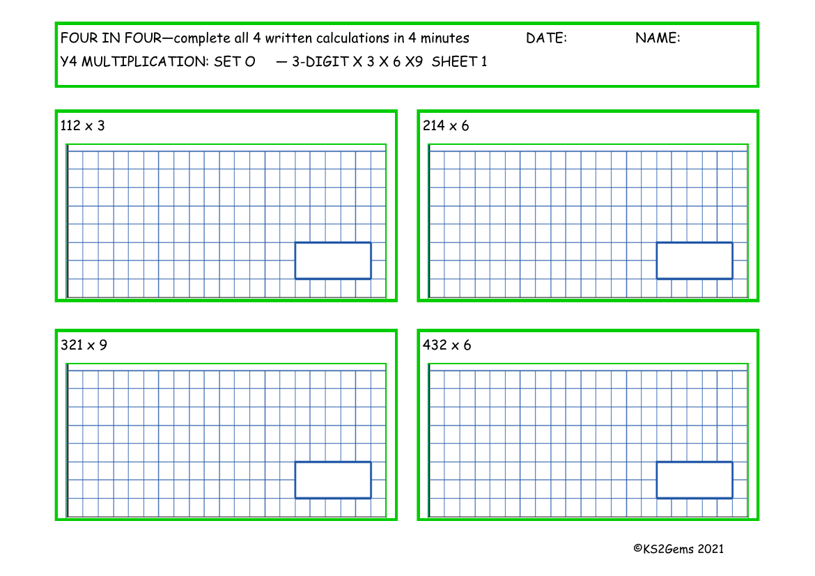 Four in Four -  Multiplication Set O 3 digit number x3 x6 x9