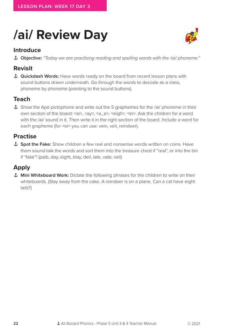 Week 17, lesson 3 Review day "ai" - Phonics Phase 5, part 1 - Lesson plan