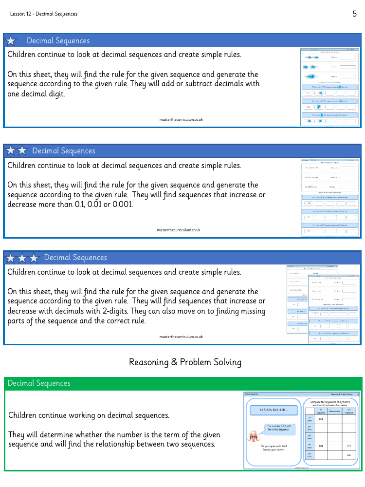 Decimals - Decimal Sequences - Worksheet