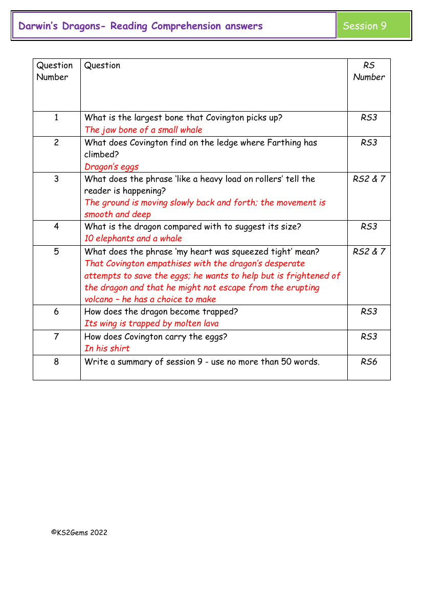 Darwin's Dragons - Session 9 - Reading Comprehension answers