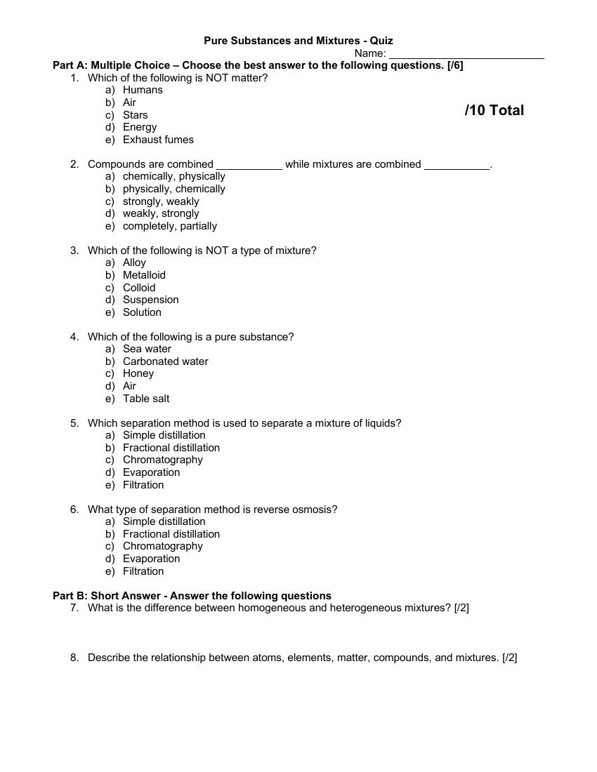 Pure Substances and Mixtures - Quiz | Science 7th Grade