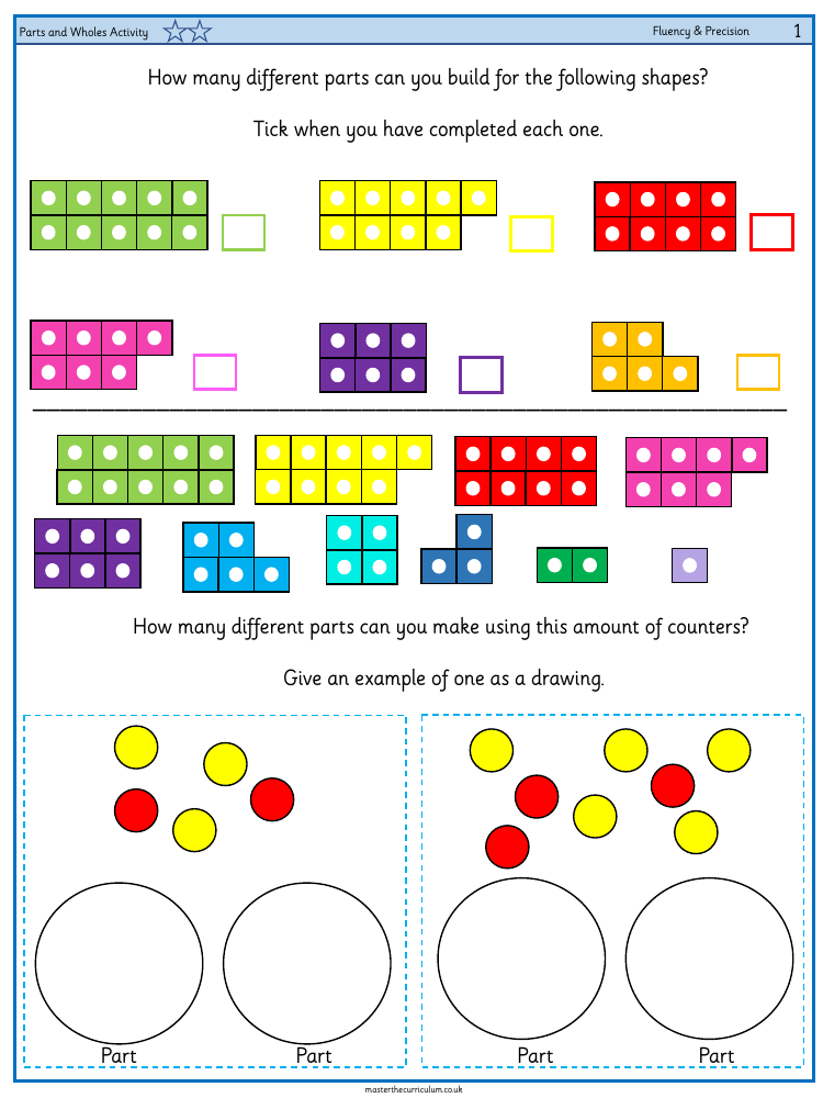 Addition and subtraction within 10 - Parts and wholes activity - Worksheet