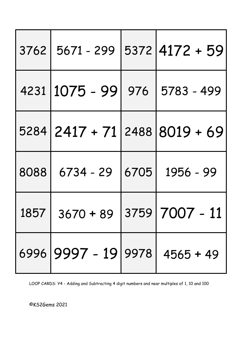 Loop Card Game - Adding and subtracting 4 digits and near multiples of 1, 10 and 100