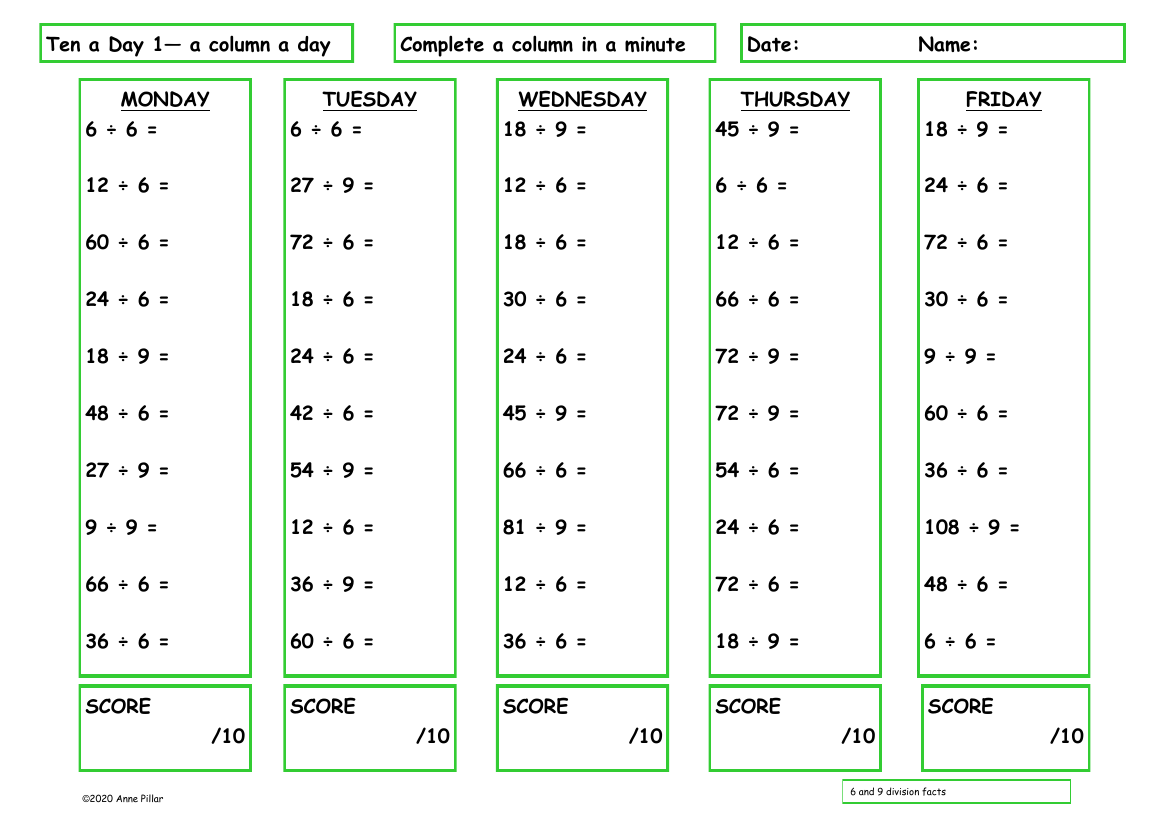 Ten a Day 6 and 9 Division Facts