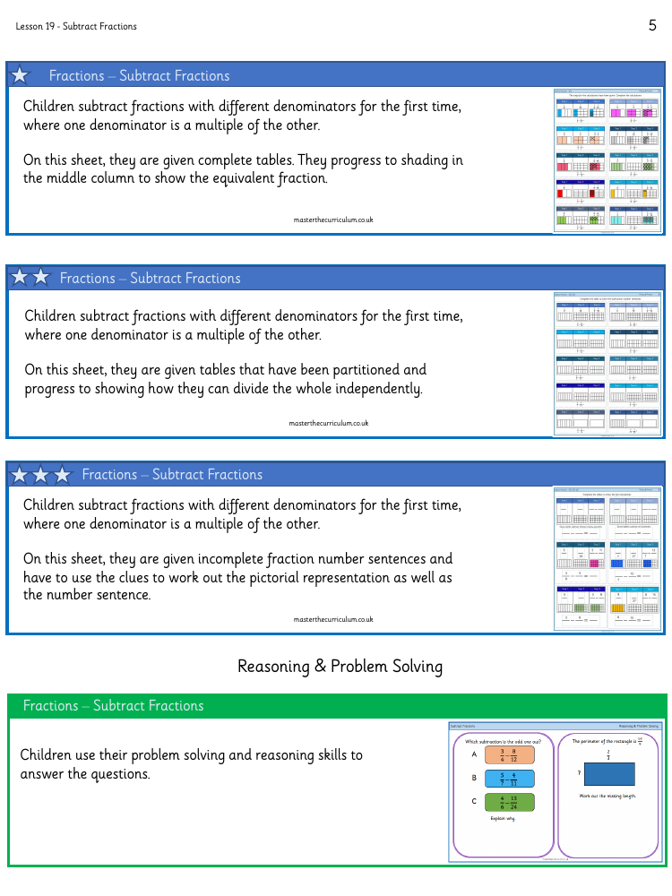 Fractions - Subtract Fractions - Worksheet