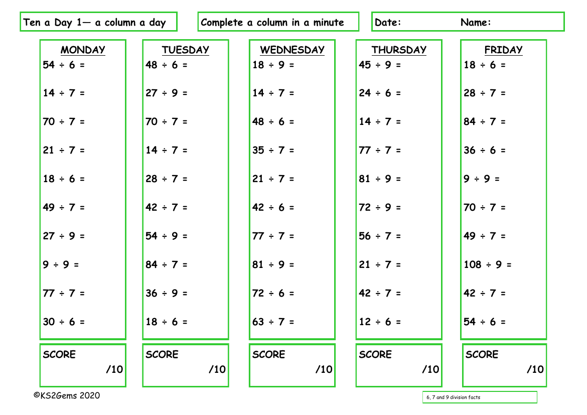 Ten a Day 6, 7 and 9 Division Facts