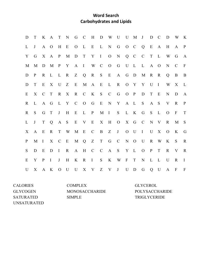 Carbohydrates and Lipids - Word Search