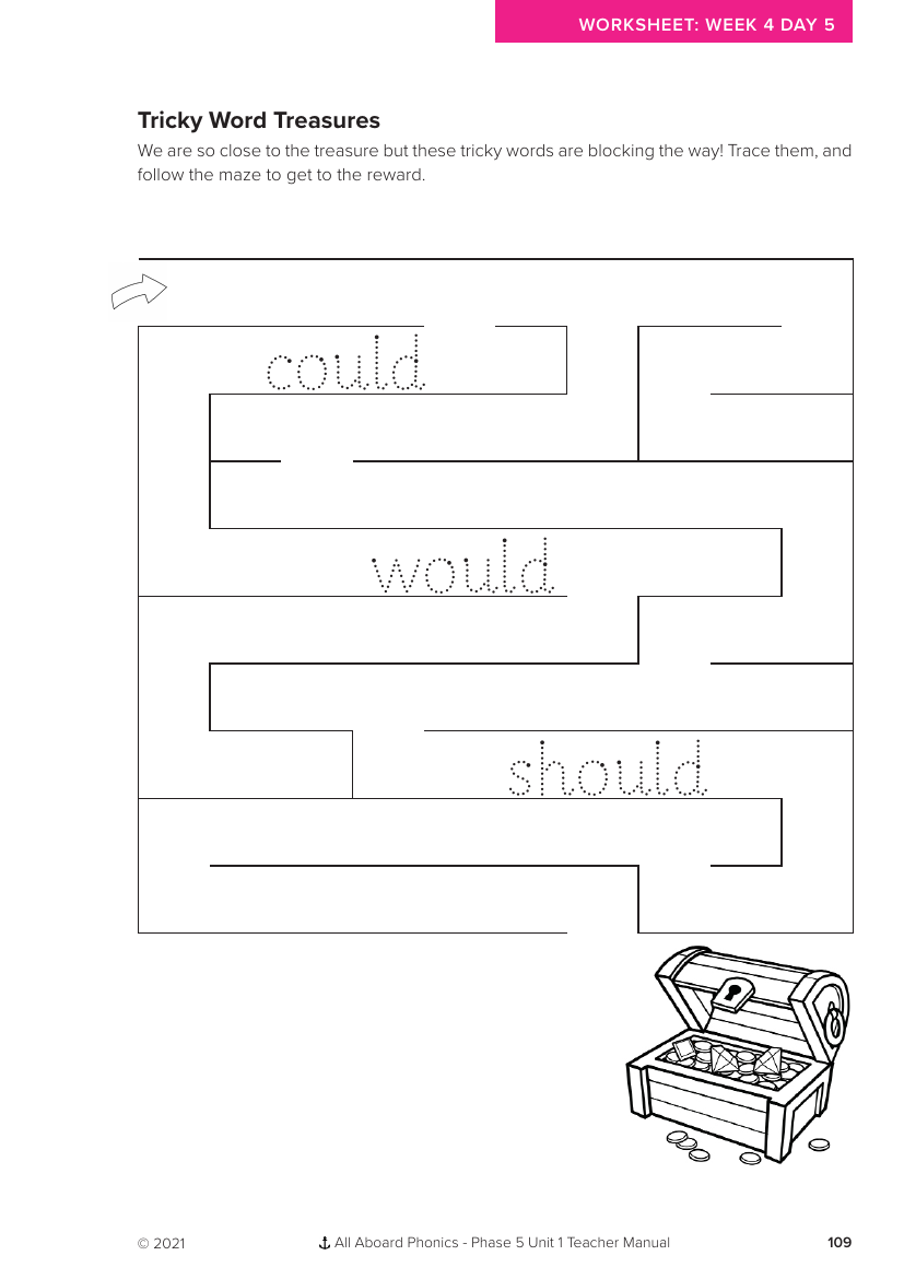 Week 4, lesson 5 Tricky Words Treasures activity - Phonics Phase 5, unit 1 - Worksheet