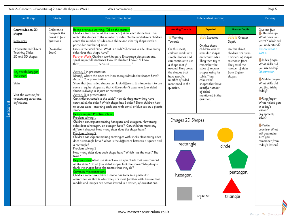 Properties of shape - Count sides and 2D shapes - Planning