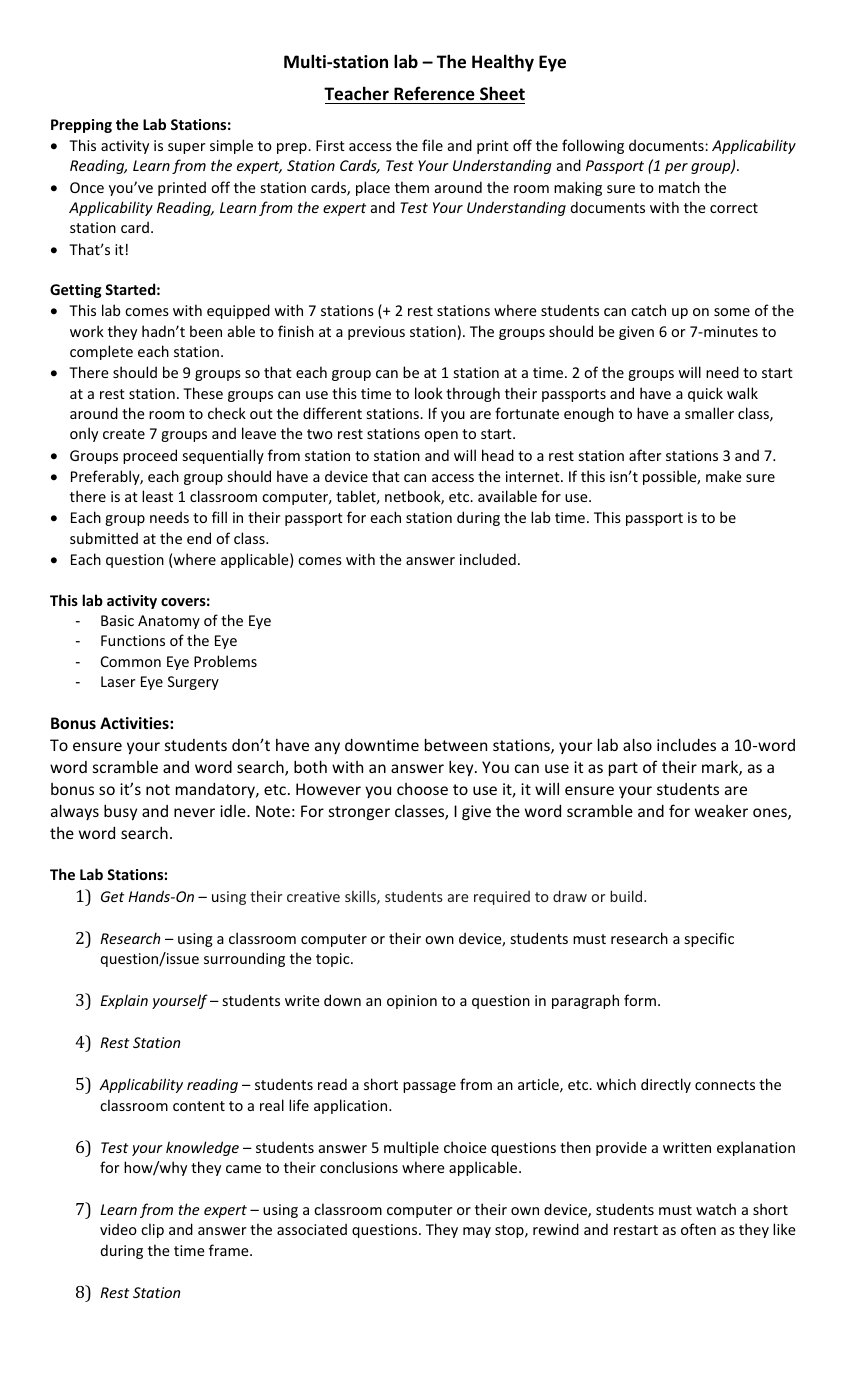 The Human Eye - Activity Instructions