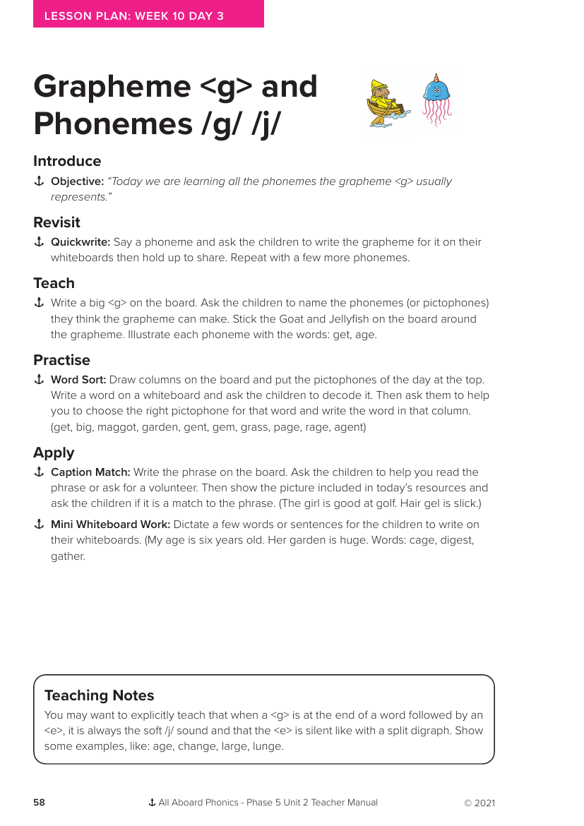 Week 10, lesson 3 Grapheme "g" and Phonemes "g,j" - Phonics Phase 5, unit 2 - Lesson plan