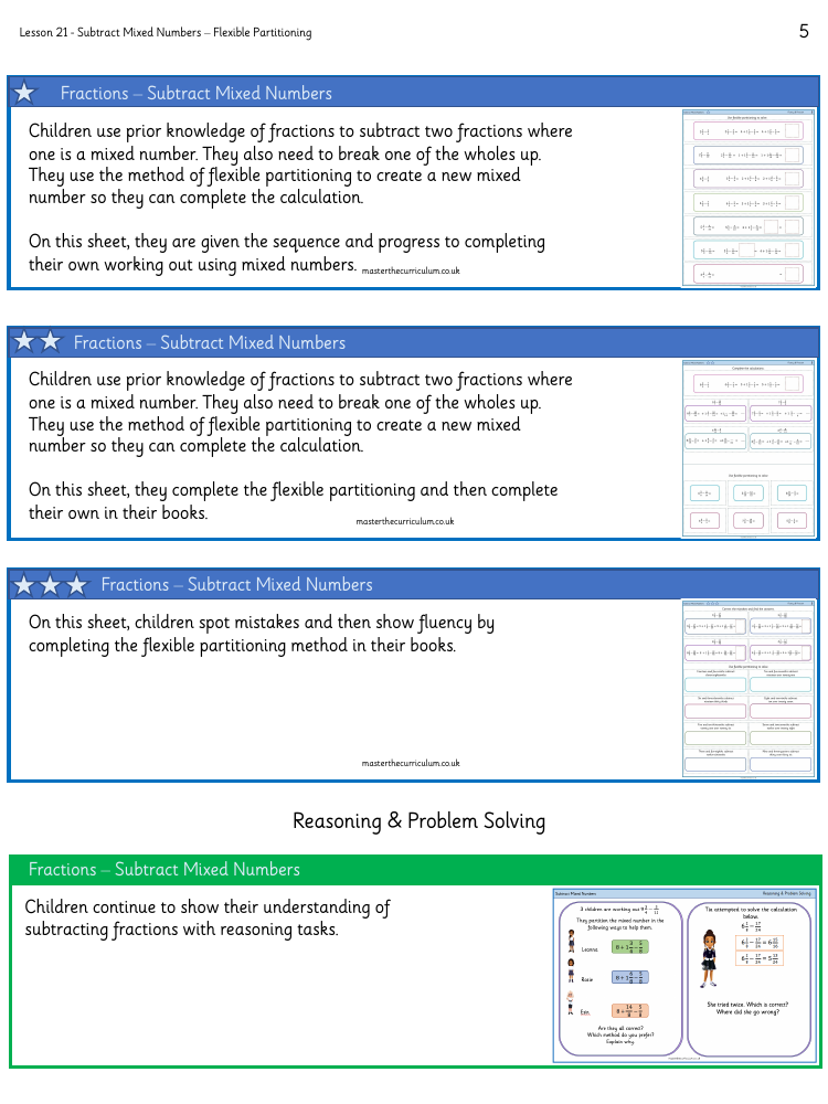 Fractions - Subtract Mixed Numbers – Flexible Partitioning (Breaking the whole) - Worksheet