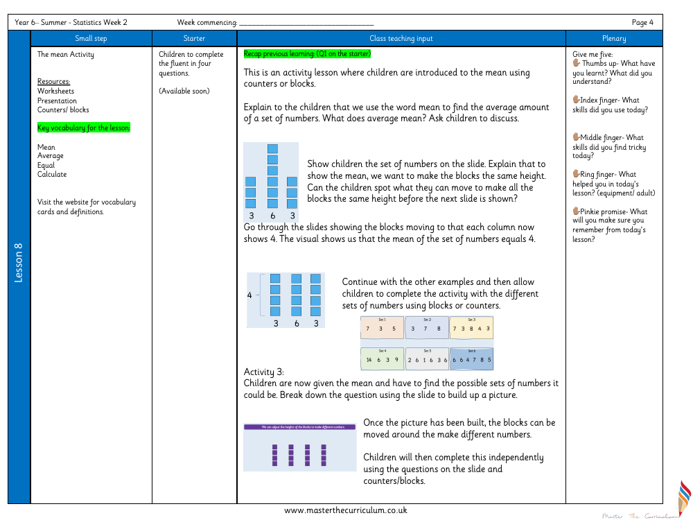 Statistics - The Mean (Activity) - Planning