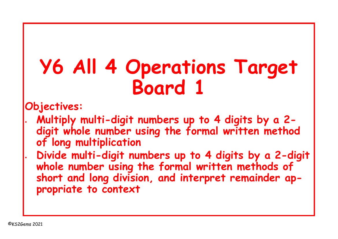 Written multiplication and division Target Board