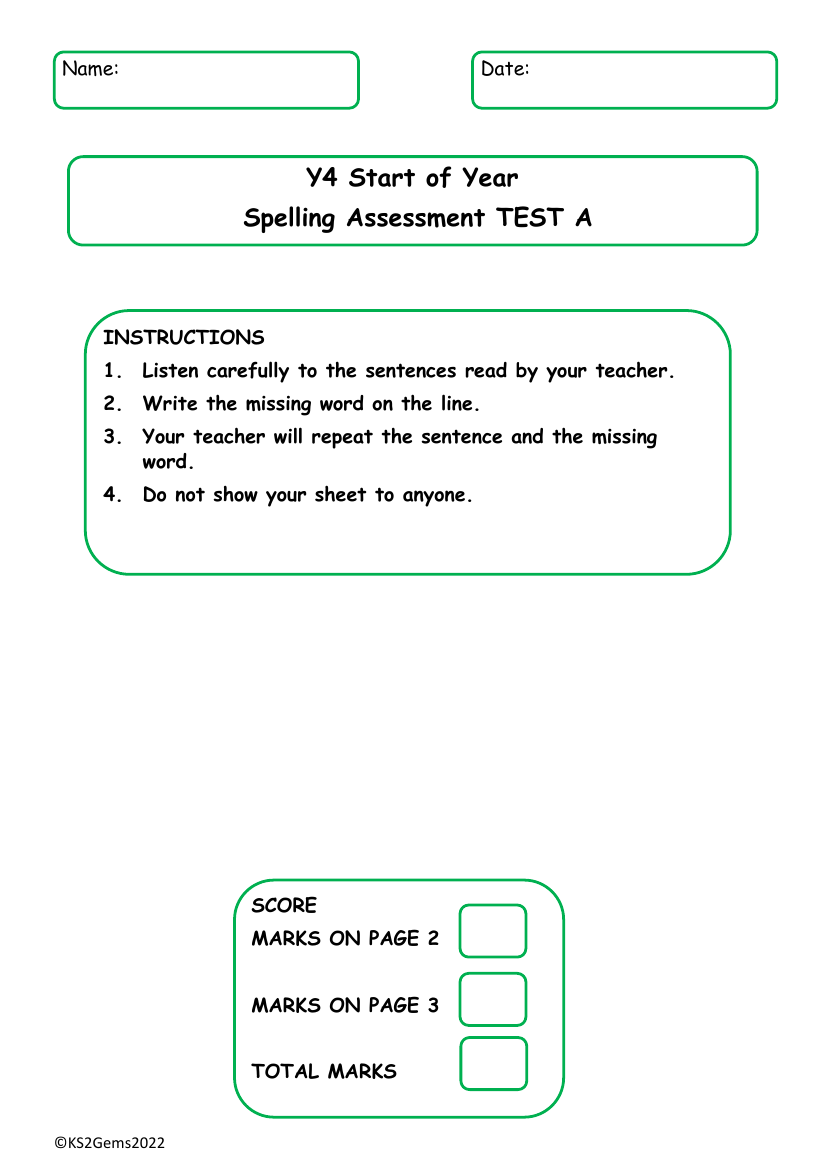 Start of Year Spelling Assessment Test A