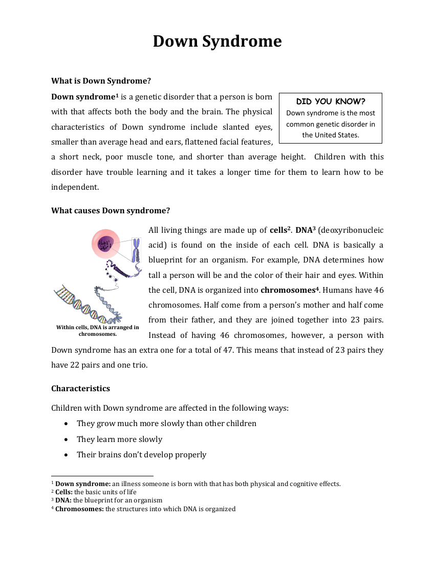 Down Sydnrome - Reading with Comprehension Questions