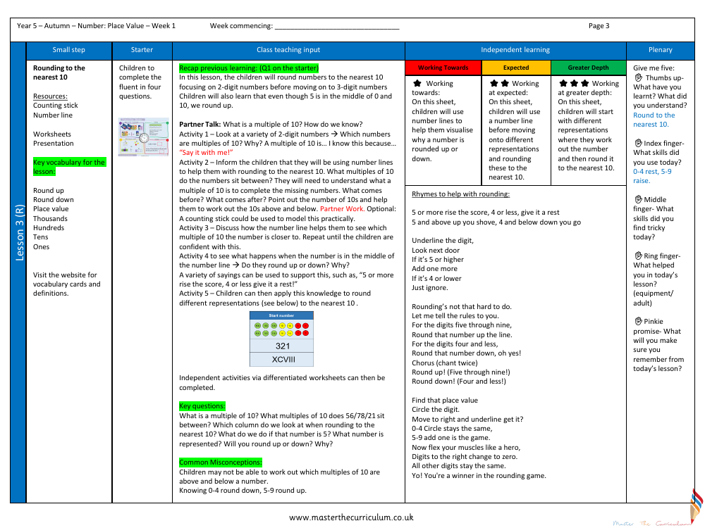 Place value - Rounding to the nearest 10 - Planning