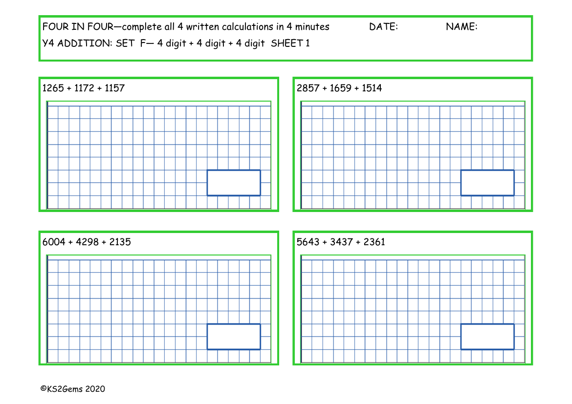 Four in Four -  Addition Set F - 4d + 4d + 4d