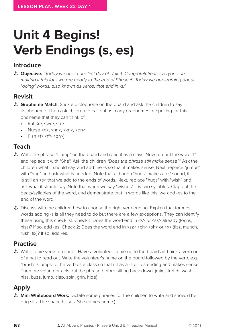 Week 32, lesson 1 Verb Endings "s,es" - Phonics Phase 5, unit 4 - Lesson plan
