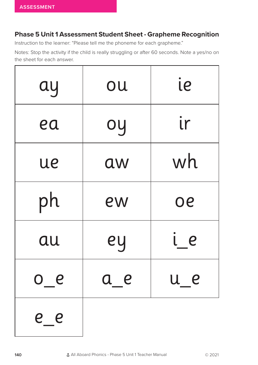 Phase 5 Unit 1 Assessment Student Sheet - Grapheme Recognition  - Phonics Phase 5, unit 1 - Resource