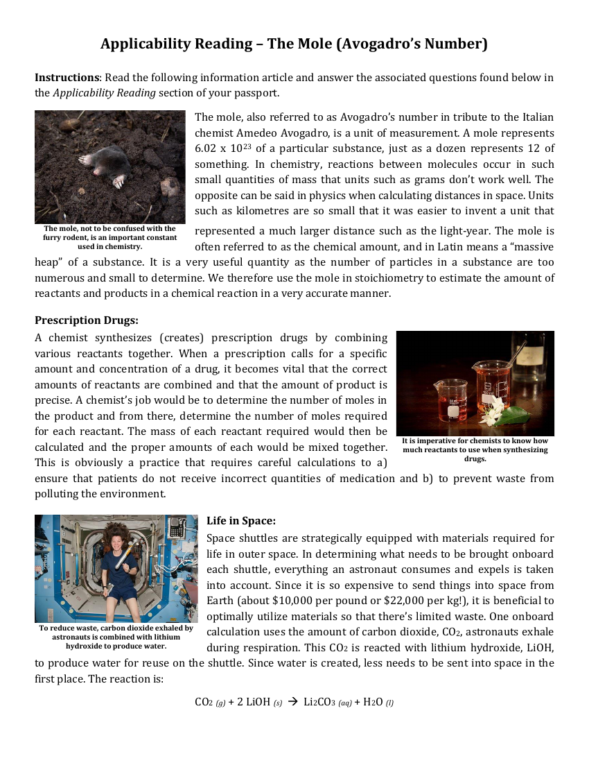 The Mole and Avogadro's Number - Applicability Reading