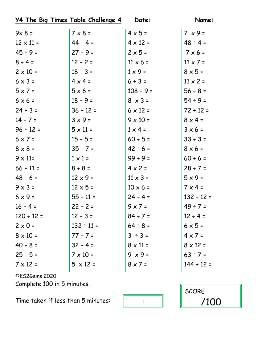 The Big Times Table Challenge 4  Objectives