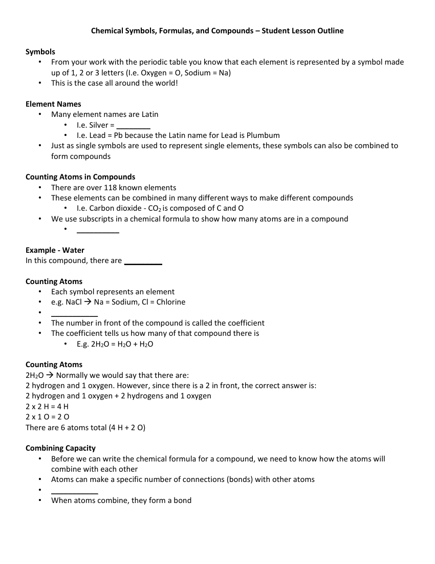 Chemical Symbols, Formulas, and Compounds - Student Lesson Outline