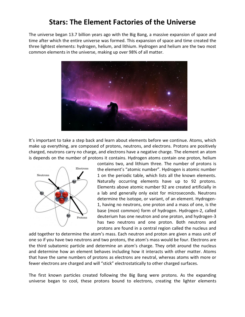 Stars - The Element Factories of the Universe Reading with Comprehension Questions