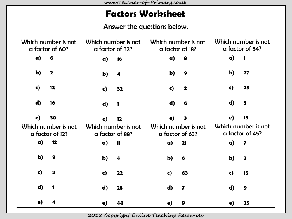 Factors Activities - Worksheet