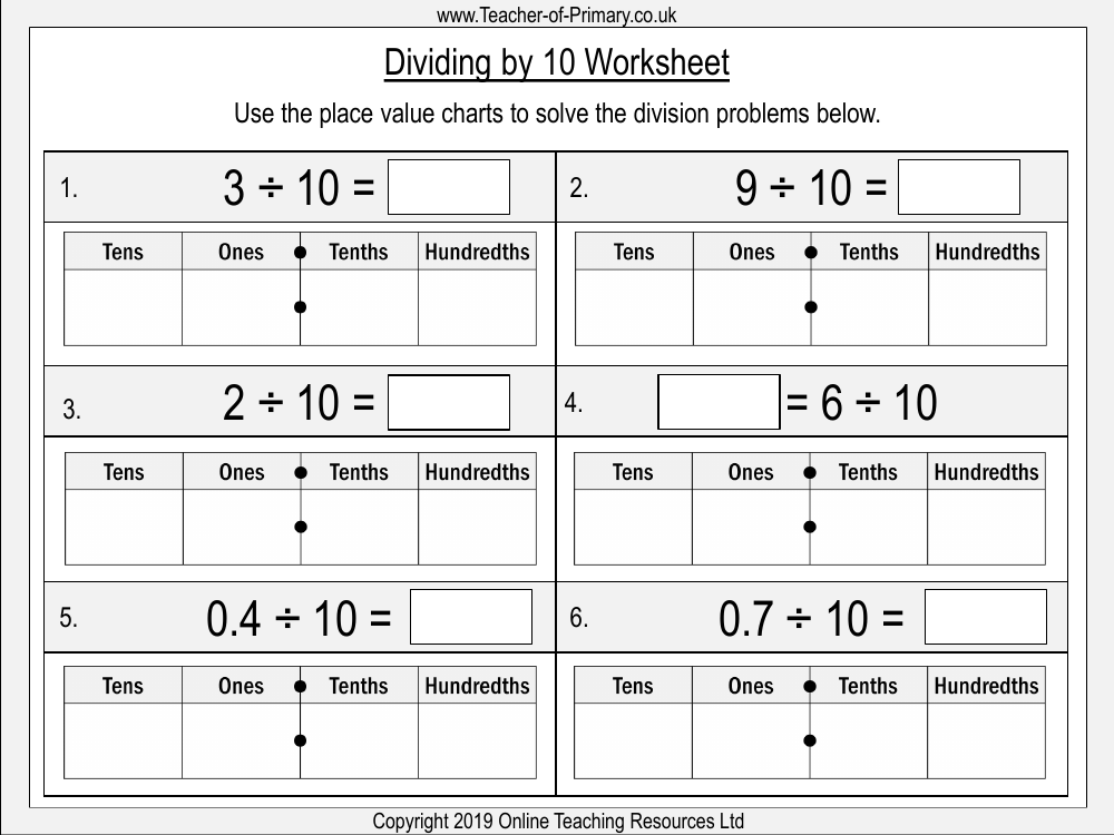 Dividing One and Two Digit Numbers by Ten - Worksheet