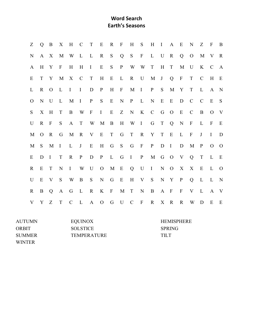 Earth's Seasons - Word Search