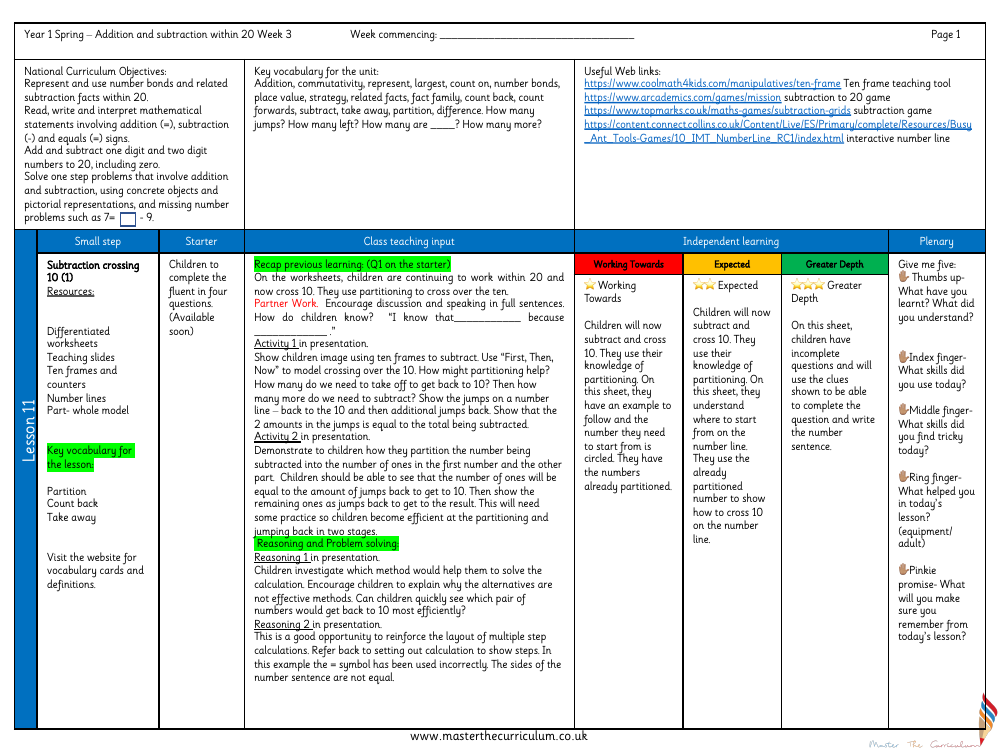 Addition and subtraction within 20 - Subtraction crossing 10 - Planning