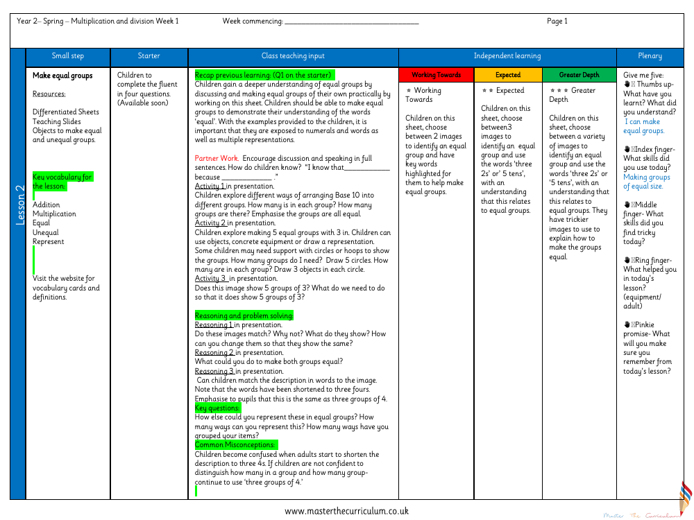 Multiplication and division - Make equal groups - Planning