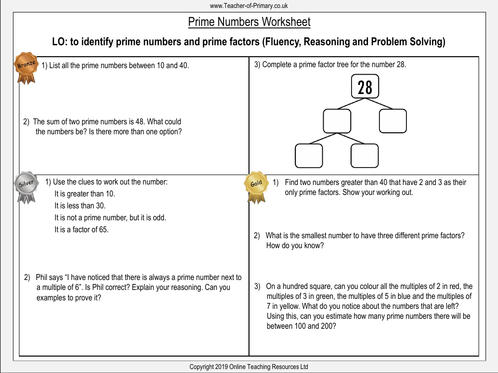 Prime Numbers - Worksheet