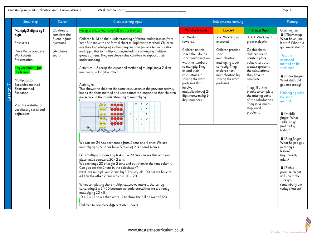 Multiplication and Division - Multiply 2-digits by 1 digit
 - Planning