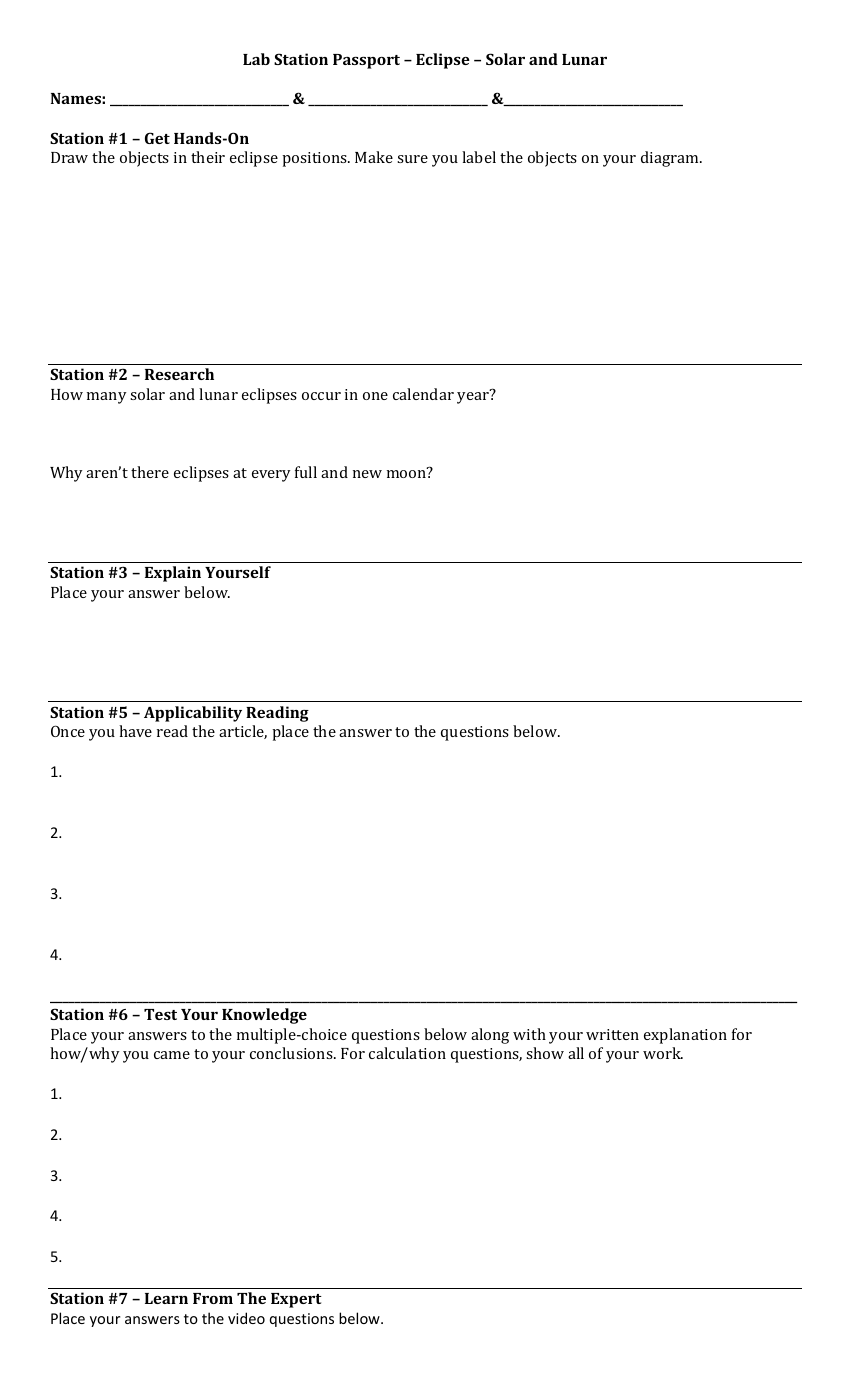 Eclipse - Solar and Lunar - Lab Station Passport