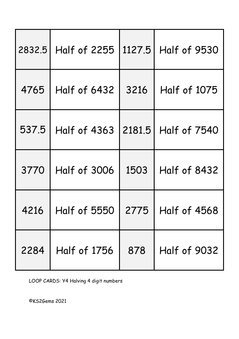 Loop Card Game - Halving 4 digit numbers