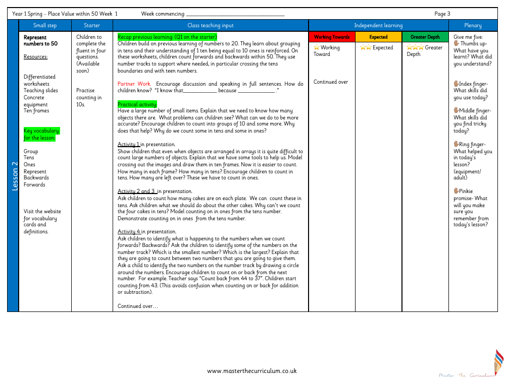 Place Value within 50 - Numbers to 50 - Planning
