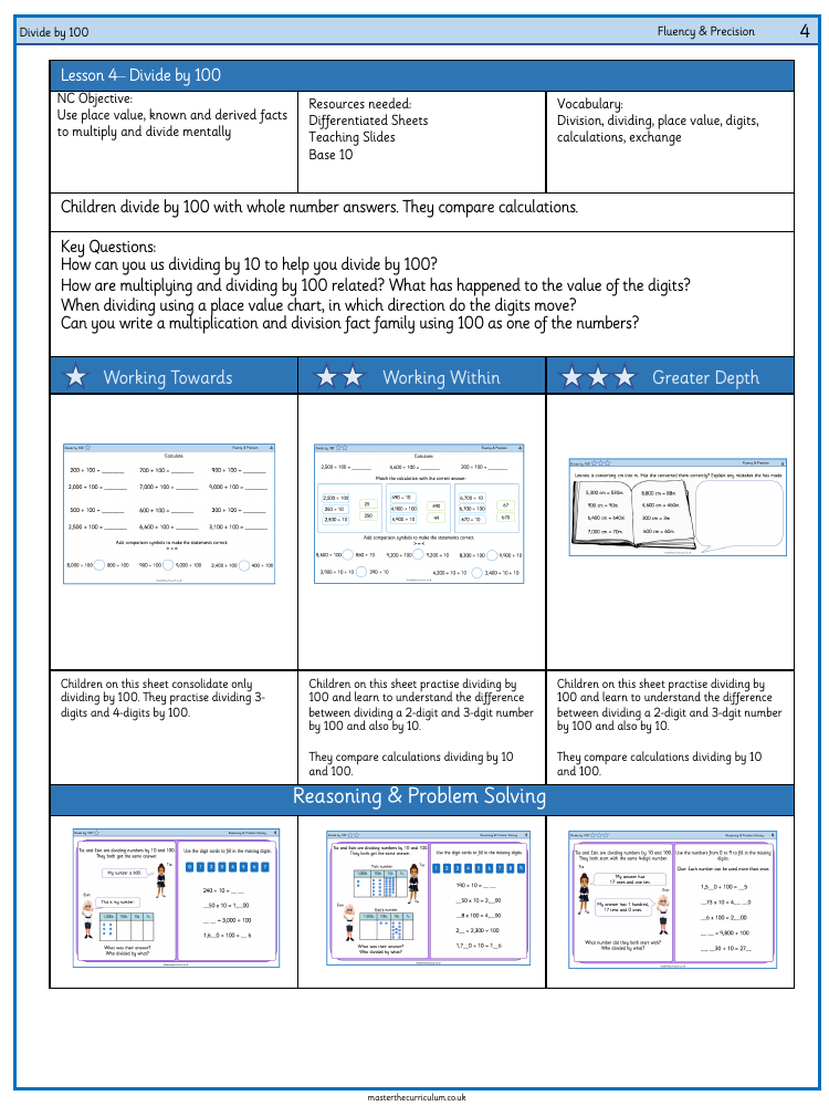 Multiplication and Division - Divide by 100 - Worksheet