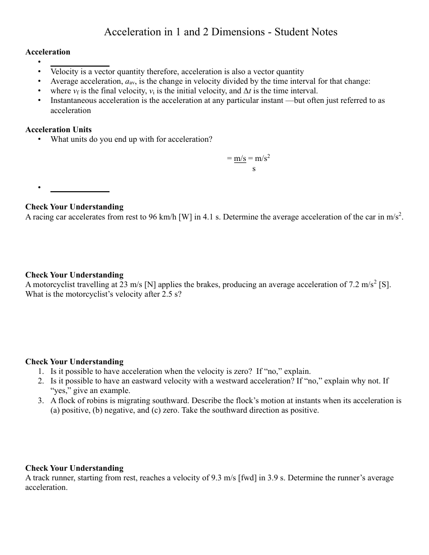 Acceleration in One and Two Dimensions - Student Notes | Science Physics