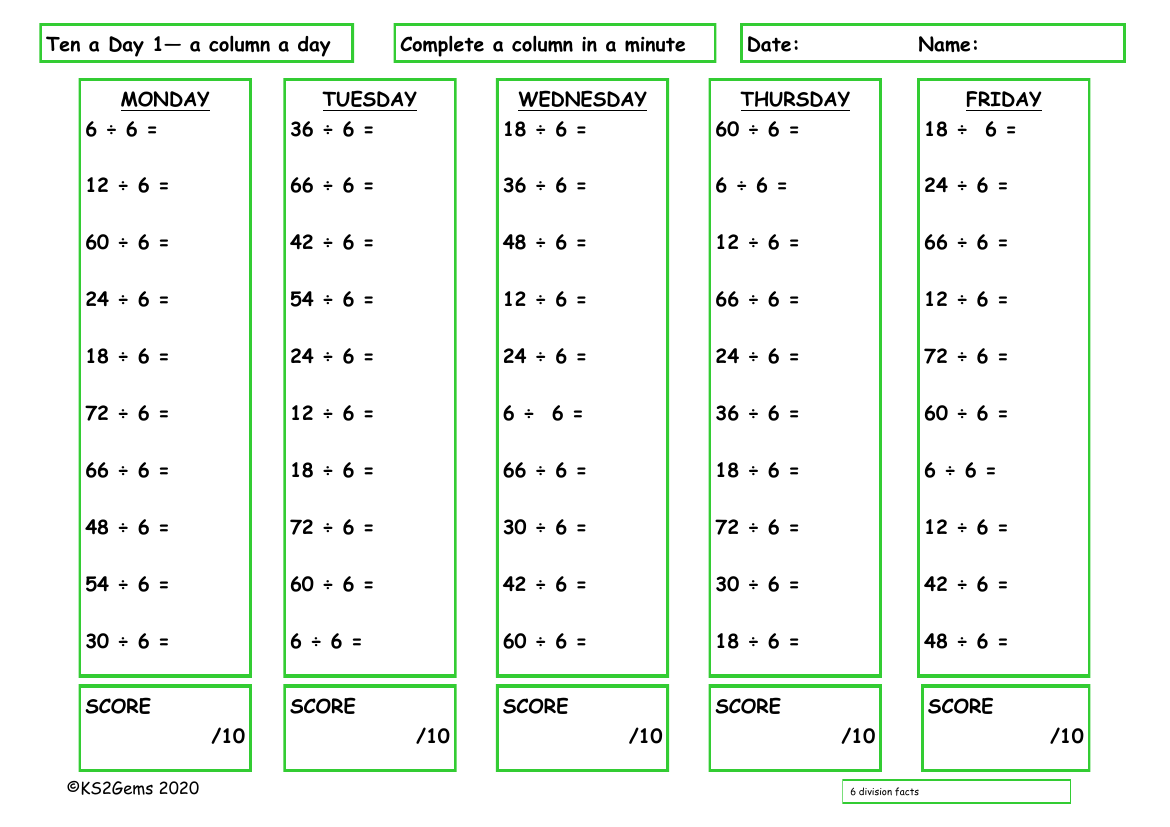 Ten a Day 6 Division Facts