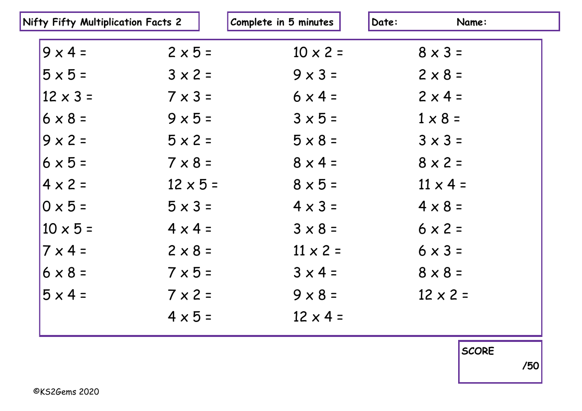 Nifty Fifty Multiplication Facts 2